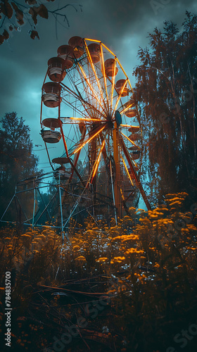Long exposure of a ferris wheel at night, realistic natural science photography, copy space © Sci-Tech