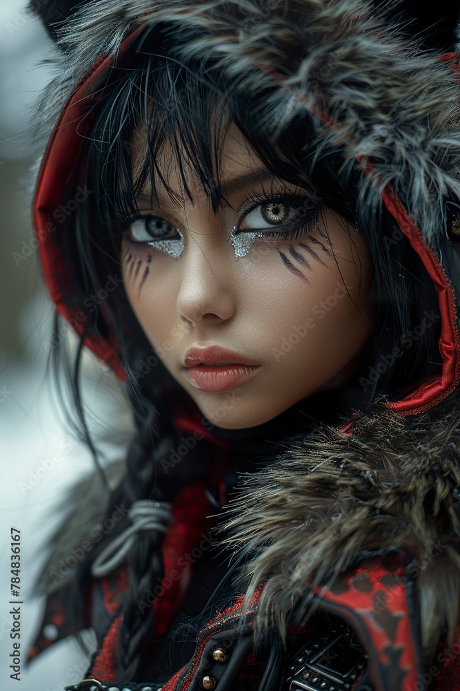 A Slavic woman in feline style in the world of cosplay is undergoing an impressive transformation. Female feline cosplay with big eyes, makeup and elaborate props.
