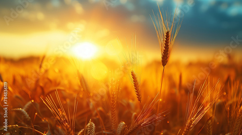 A field of golden wheat with the sun shining brightly on it