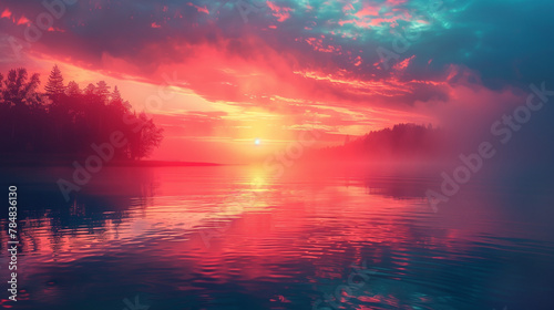 A beautiful sunset over a lake with a reflection of the sun on the water © ART IS AN EXPLOSION.