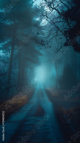 Light trails through fog or mist  realistic natural science photography  copy space