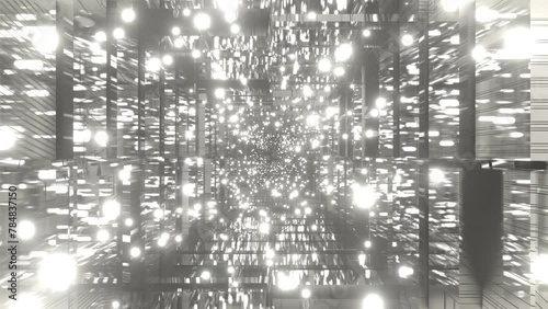Moving through a scifi tunnel with white glowing orbs flying around - 3D render