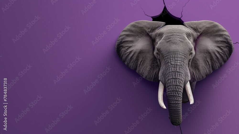 Monochromatic photo depicts a close-up elephant head artistically breaking through a vibrant purple wall, suggesting power and breakthrough.