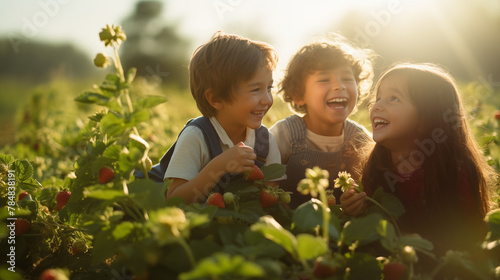 A group of children picking ripe strawberries in a sun-drenched field, their laughter echoing in the breeze, copy space