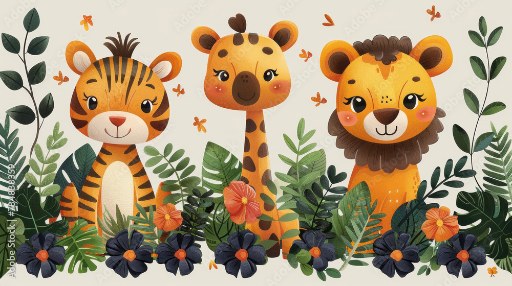 Naklejka premium Graceful African savannah children set: Vector illustration of wild animals, ideal for fabric, clothing, packaging, bedding, and postcards.generative ai