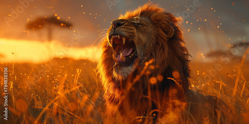 a wild safari with a roaring lion,generative ai