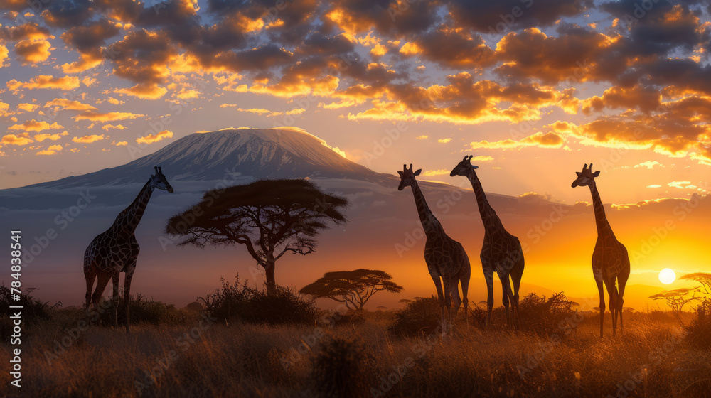 Fototapeta premium Mount Kilimanjaro's base, savannah bathed in golden sunlight, silhouetted acacias, giraffes, and elephants, embodying Africa's wild heart.generative ai