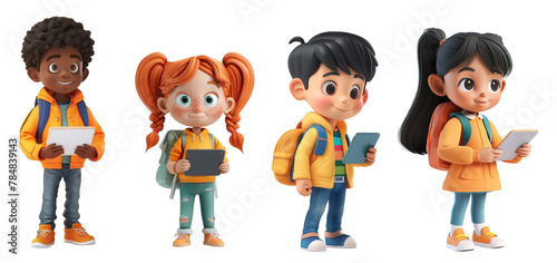 School children using laptop, cartoon character 3D style over white transparent background