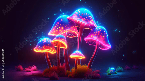 Neon mushrooms on a dark background