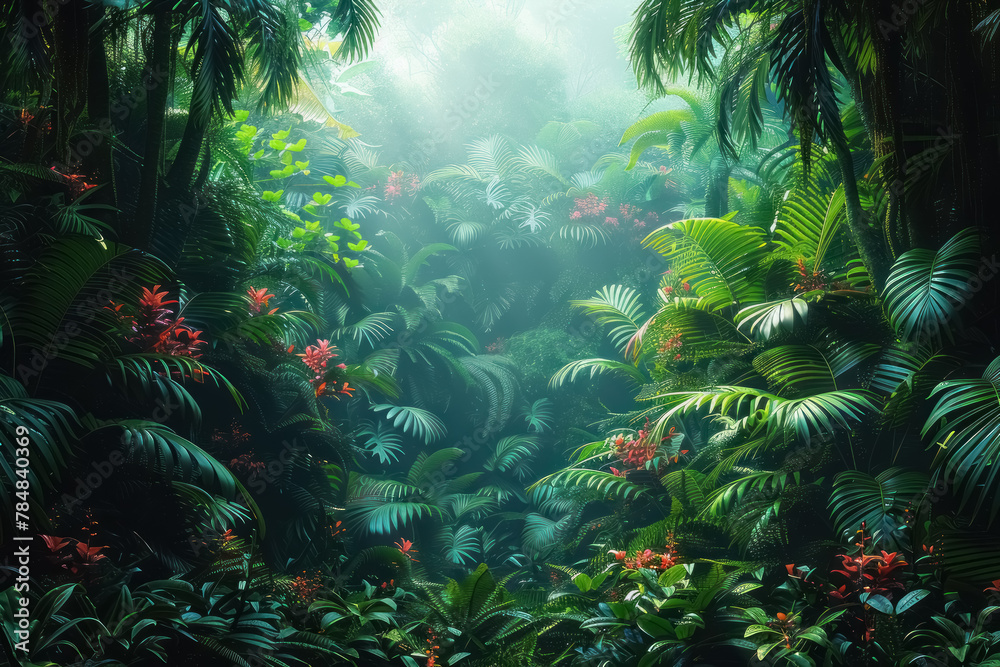 lush green tropical rainforest with vibrant flowers and misty atmosphere lush green tropical rainforest with vibrant flowers and misty atmosphere