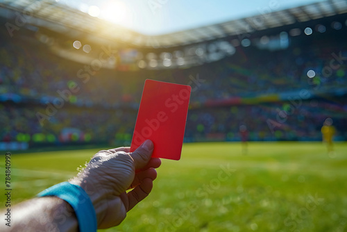 a referee hand is holding a vertical red card in a stadium,generative ai