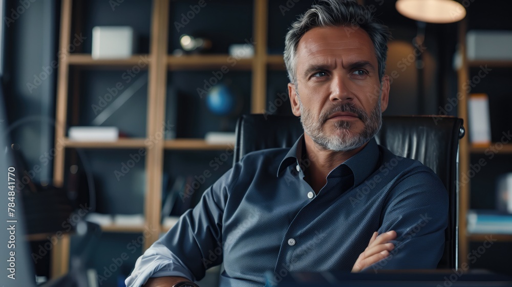 Obraz premium a businessman with a beard is sitting at a desk with his arms crossed
