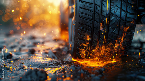 close-up of tire with dark yellow sunburst,generative ai