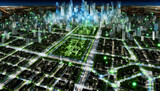 futuristic depiction of a smart city. The city is a blend of high-tech infrastructure and lush greenery