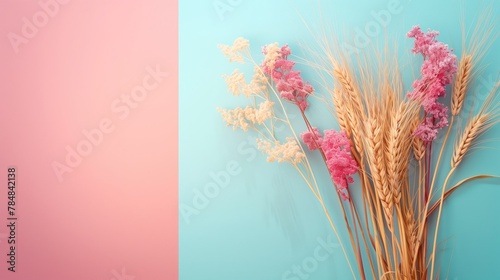 Dried flower arrangement on blue and pink backdrop, copy space