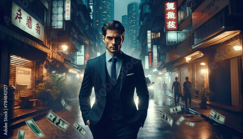 confident man in a sharp suit, exuding power and influence as he walks through a bustling urban street at dusk.