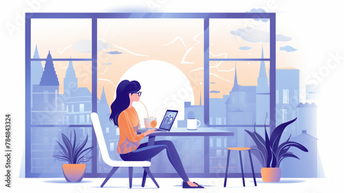 Elegant vector art: Girl works on laptop by window, ocean backdrop with sailboats, soft colors evoke tranquility.generative ai