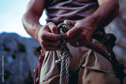 mid section view of a male rock climber tying a knot in a rope