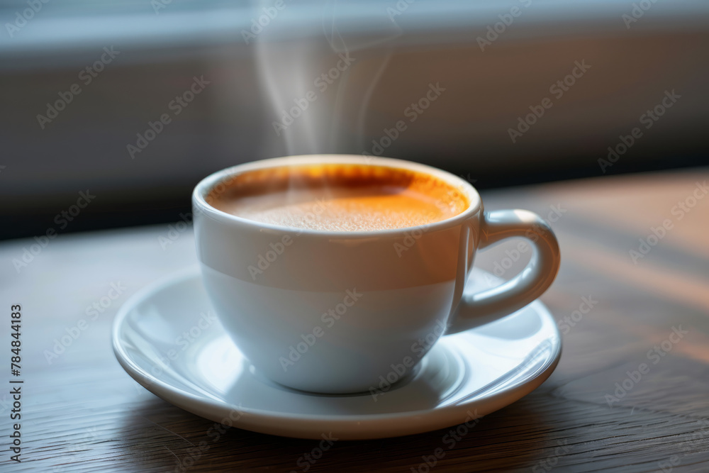 A Steaming Cup of Coffee on a Minimalist Saucer.