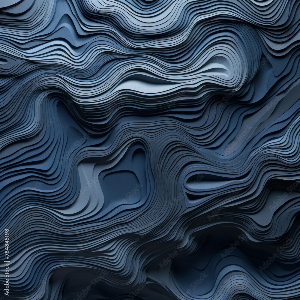 Topographic pattern, cut paper, monochrome, gray and blue tones, dark background Topographic pattern, cut paper, monochrome, gray and blue tones, dark background