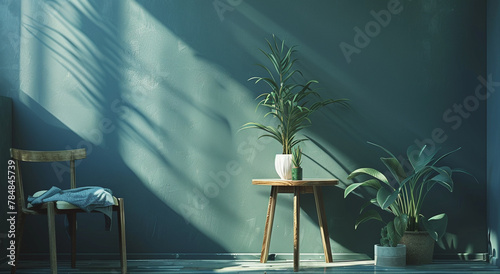 a living room with a wooden table, chair, and potted plants, in the style of dark sky-blue and dark gray