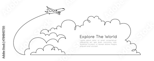 Airplane path in clouds in the sky in One Continuous line drawing. Business Concept of world travel and international flight airline in simple linear style. Editable stroke. Vector illustration