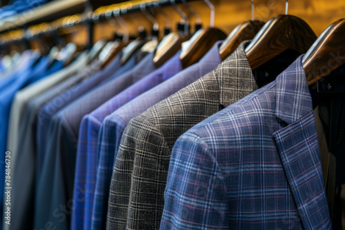 Closeup of Men's suits on hangers in a store