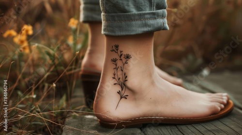 Their ankle is adorned with a dainty delicate flower tattoo adding a touch of femininity to their otherwise edgy collection. .