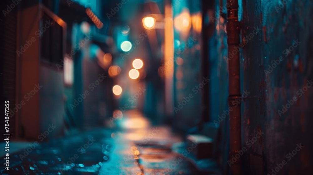 Defocused Backstreet Reverie Layers of obscured alleyway details create a dreamy and mysterious atmosphere perfect for introspective indie music. . - obrazy, fototapety, plakaty 