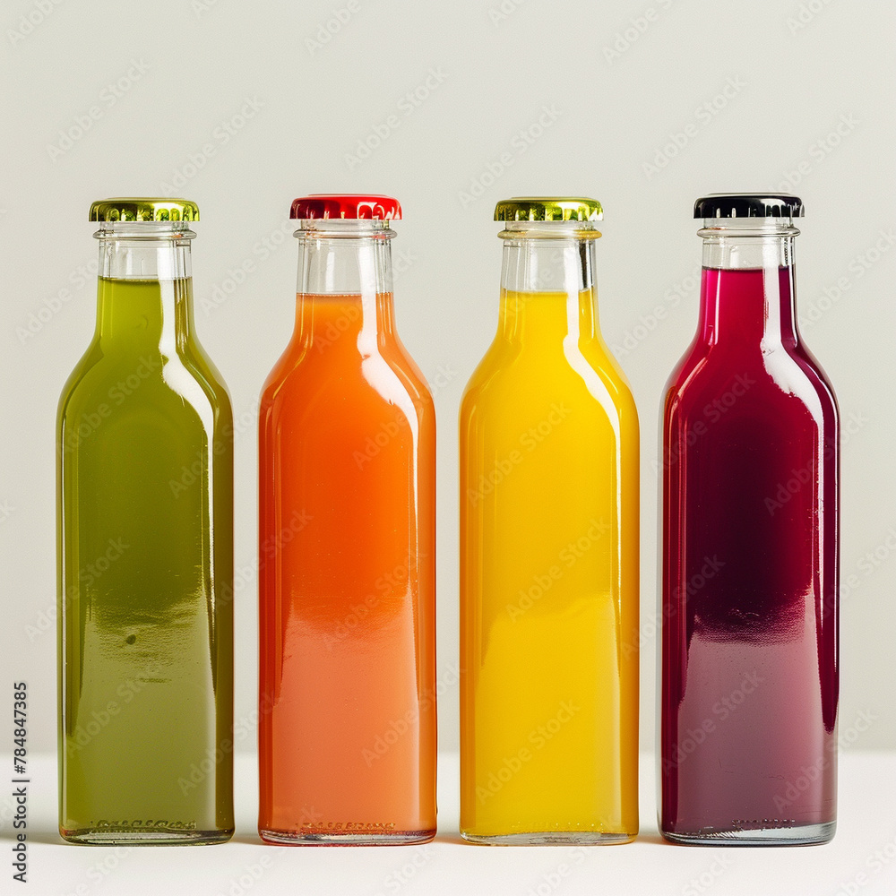 juice bottles, side by side, with colored liquids juice bottles, side by side, with colored liquids