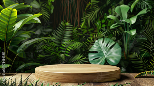 Wooden podium in tropical forest for product presentation and green backgroundn photo