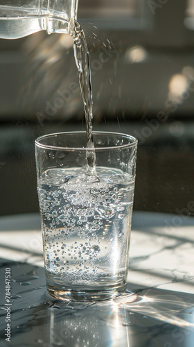 water being poured into a glass, water droplets are condensed on the outside of the glass of water
