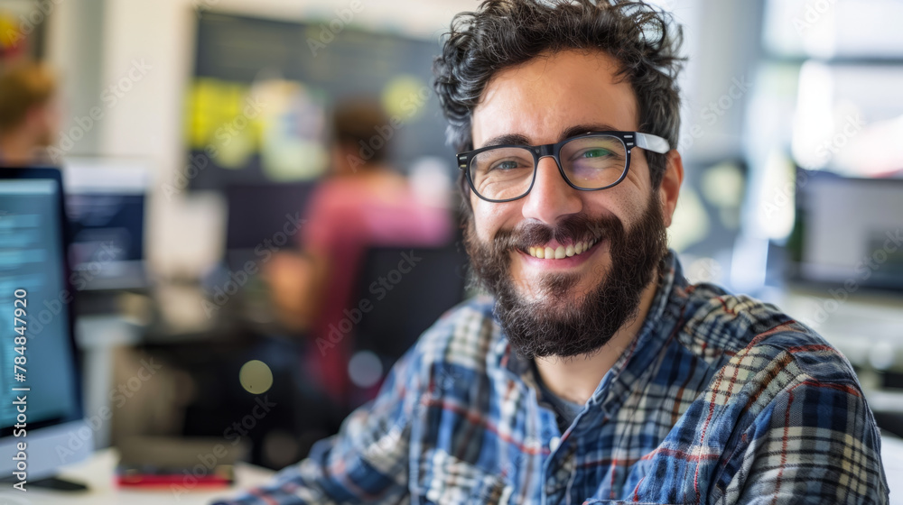 Software Developement Concept: A male software developer in his modern tech office, smiling confidently Software Developement Concept: A male software developer in his modern tech office, smiling confidently