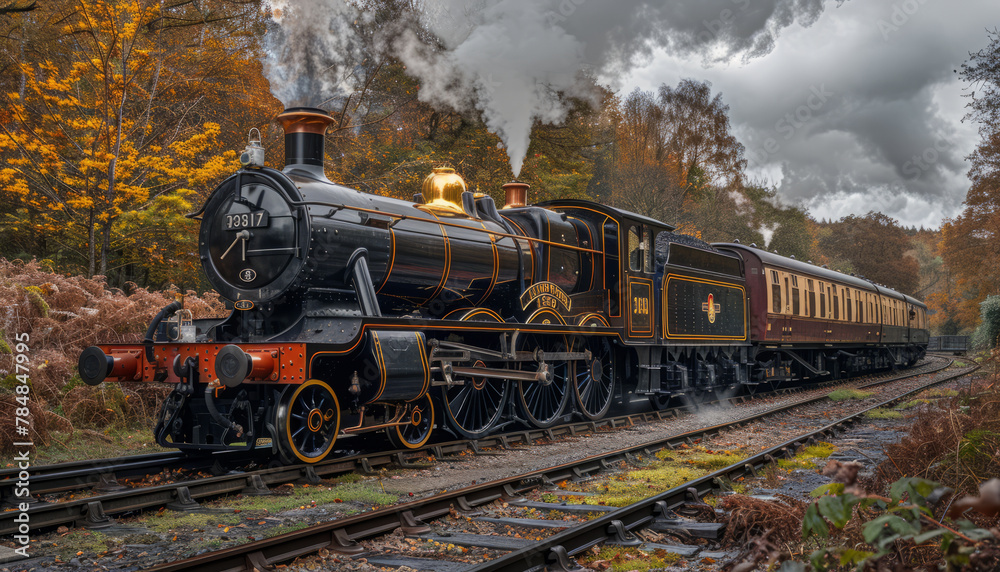 black and gold steam train on the tracks,generative ai