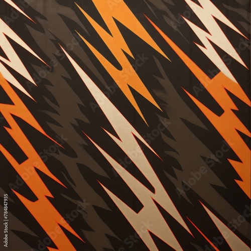 brown orange lightning bolt design, in the style of illusory wallpaper portraits, bold, cartoonish lines, dark brown and dark gray, silkscreening, zigzags