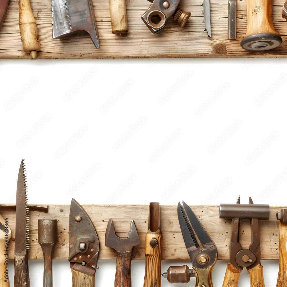 A diverse array of tools, ranging from screwdrivers and hammers to wrenches and pliers, hang neatly on a wall. Each tool serves a unique purpose, ready for use at a moments notice. - obrazy, fototapety, plakaty 