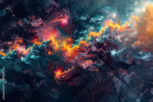 Abstract fractal resembling a celestial explosion with fiery colors and cosmic textures  ideal for vibrant designs and space-themed decor.  