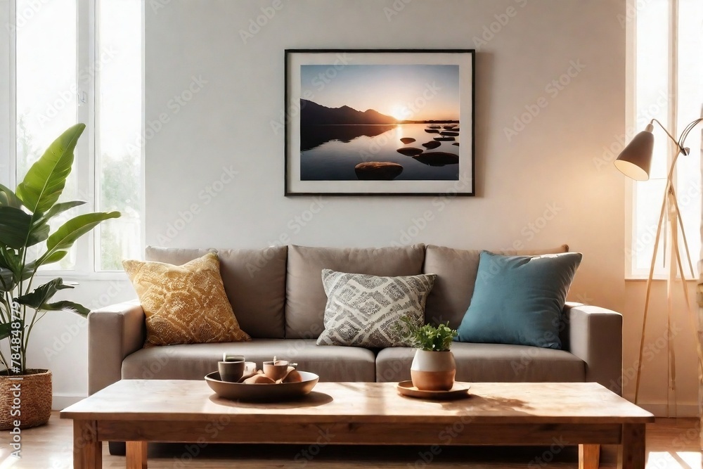 Fototapeta premium Summer living room. Stylish living room with sofa, wooden table, decorative frames, and natural sunlight from the windows.