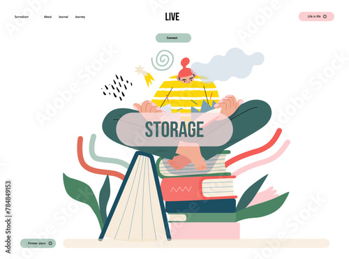 Obraz na plátně Life Unframed: Book universe -modern flat vector concept illustration of a reader on stack of books