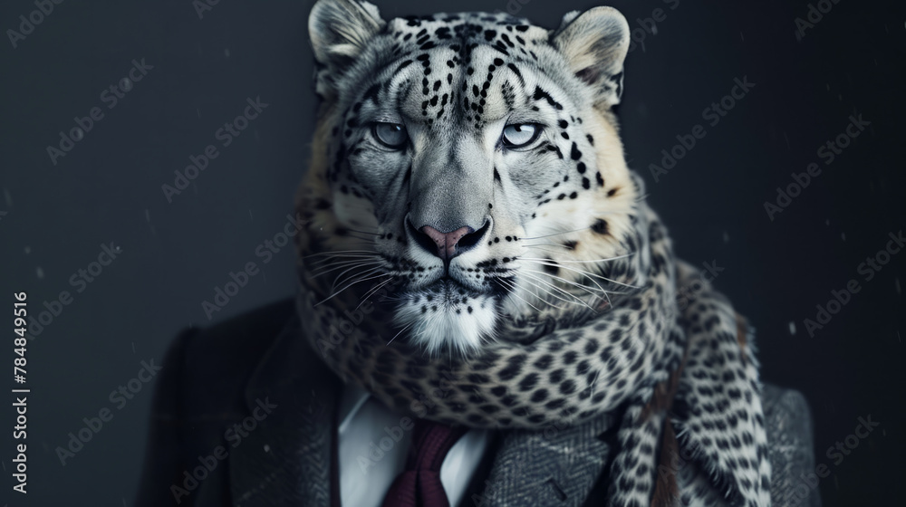 Obraz premium Snow leopard in a sleek business suit paired with a fashionable scarf, exuding an air of mystery and elegance in a high-end fashion photoshoot.
