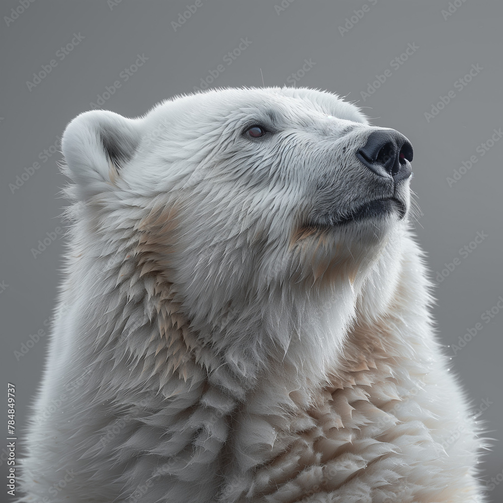 Fototapeta premium Angled headshot of a polar bear with gray backdrop
