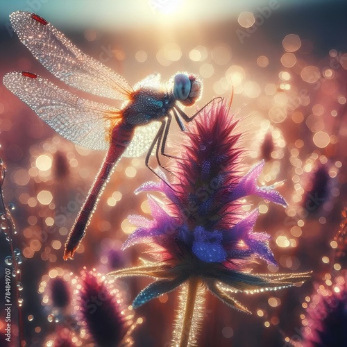 Colorful, hyperfocused image of a dragonfly on a plant 3
