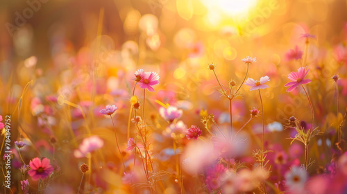 Wide field of wildflowers in summer sunset, panorama blur background. Autumn or summer wildflowers background. Shallow depth of field © B & G Media