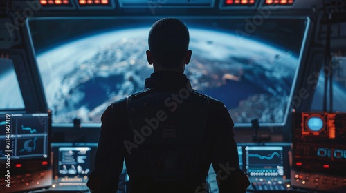 With a determined look on face a space navigator stands on the bridge of the ship back to the camera as they plan . . photo
