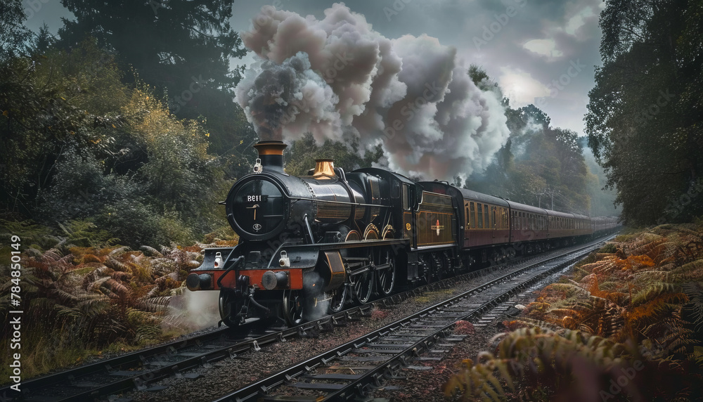 Obraz premium black and gold steam train on the tracks,generative ai