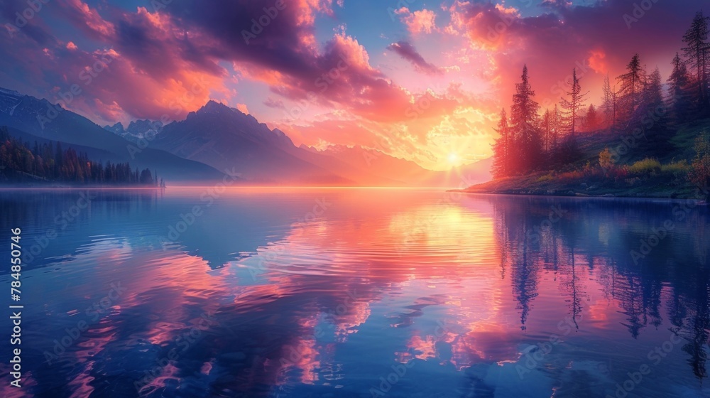 A sunrise over a still lake with the vibrant colors of the sky reflected in the water representing the harmony and union of yin and yang.