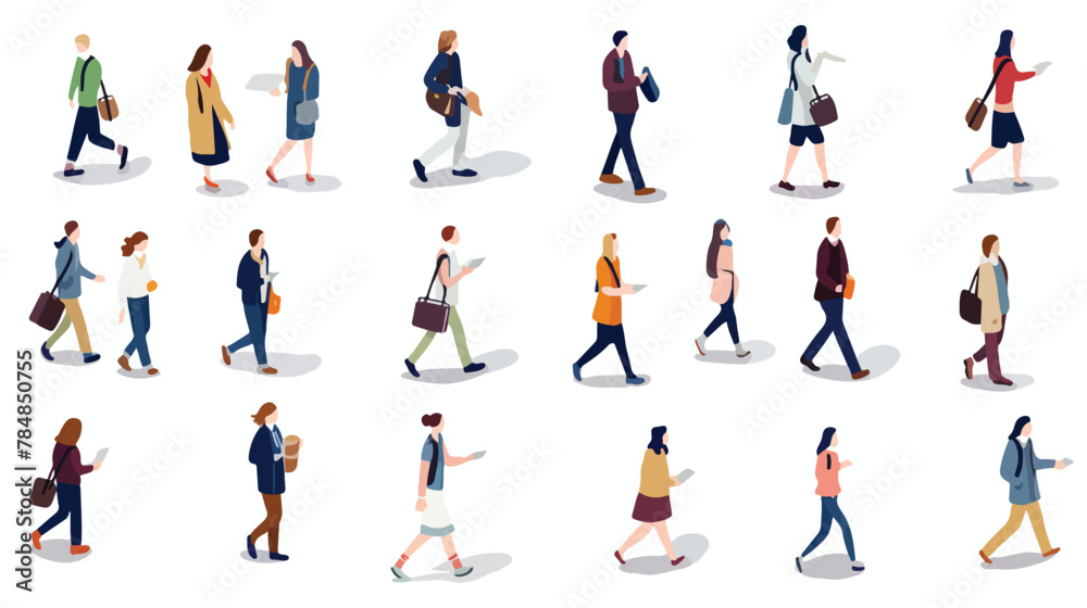 View of people walking vector illustrations set. Cr