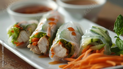 Tasty Asian chicken spring rolls on plate