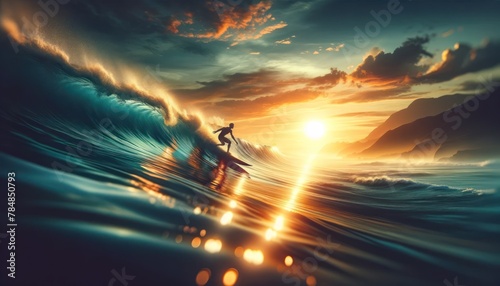 surfer gracefully navigating a wave, with a brilliant sunset in the background. The water glimmers with reflections photo
