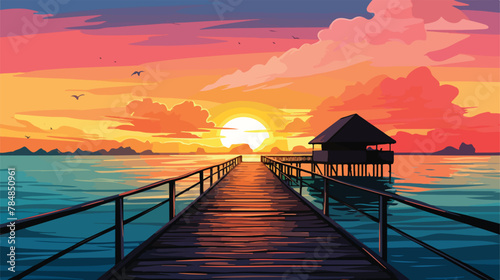 View of sunrise behind a pier in Indian Ocean Maldi